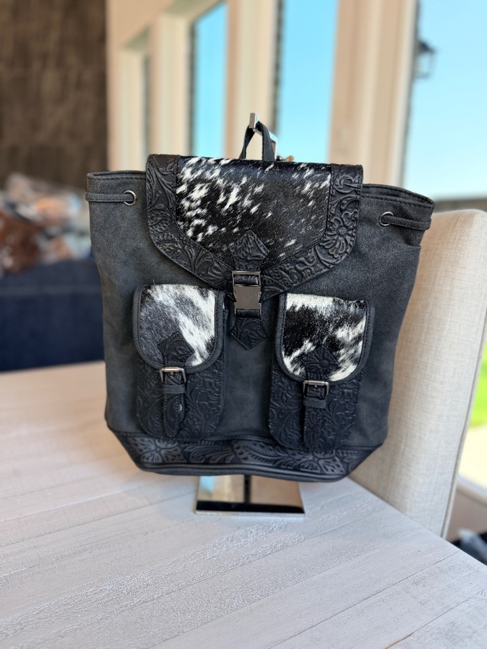 Trinity Ranch Genuine Hair-On Cowhide Tooled Backpack Black